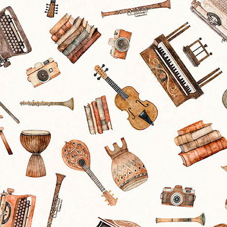 Pattern of vintage musical instruments and objects on a white background