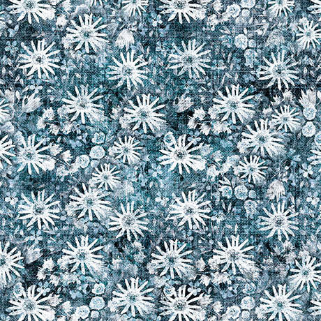Pattern of white flowers on a blue textured background