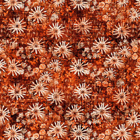 Patterned fabric with white floral shapes on a brown background