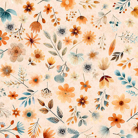 Pattern of autumnal flowers and leaves on a beige background