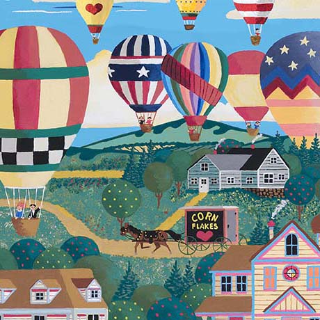 A colorful folk-art style illustration of hot air balloons floating over a village landscape with houses, trees, a horse-drawn cart, and a sign reading 'Corn Flakes'.