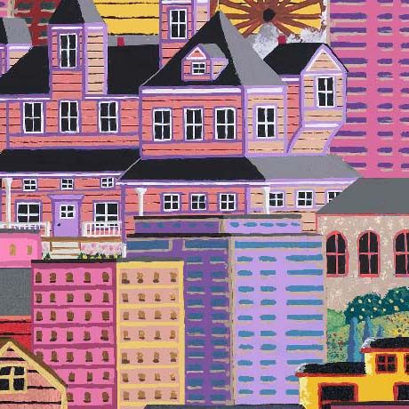 A colorful, stylized illustration of a city skyline with houses and buildings in pink, purple, yellow, gray, and green tones.