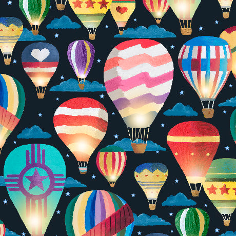Colorful hot air balloons on a black background