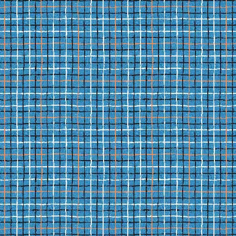 Plaid fabric with blues and a light orange