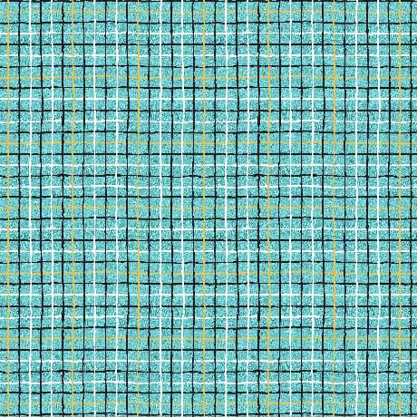 A close-up of a textured fabric pattern featuring a grid of black and navy lines over a light blue background, accented with thin vertical yellow stripes.