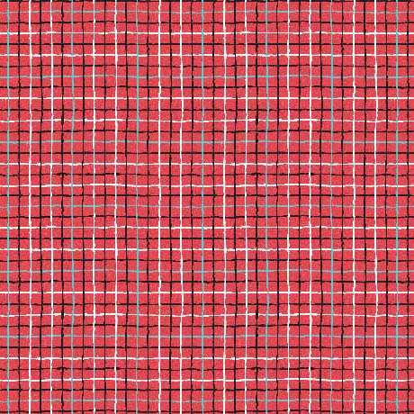 A close-up of a red fabric with a hand-drawn black and white grid pattern.