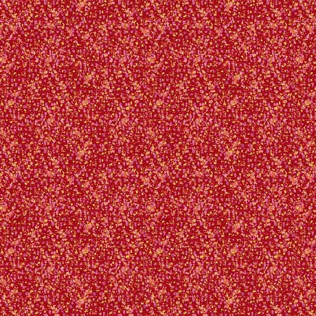 A close-up of a red fabric or material swatch with a dense, fine speckled pattern in pink, orange, and yellow.