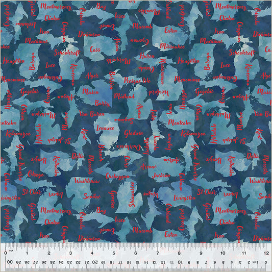 Michigan Counties, Blue, from Windham Fabrics as part of the 2025 Michigan Shop Hop
