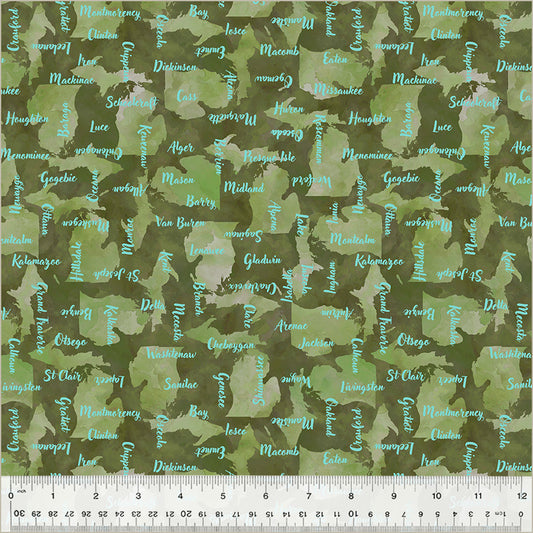 Michigan Counties, Green, from Windham Fabrics as part of the 2025 Michigan Shop Hop Collection
