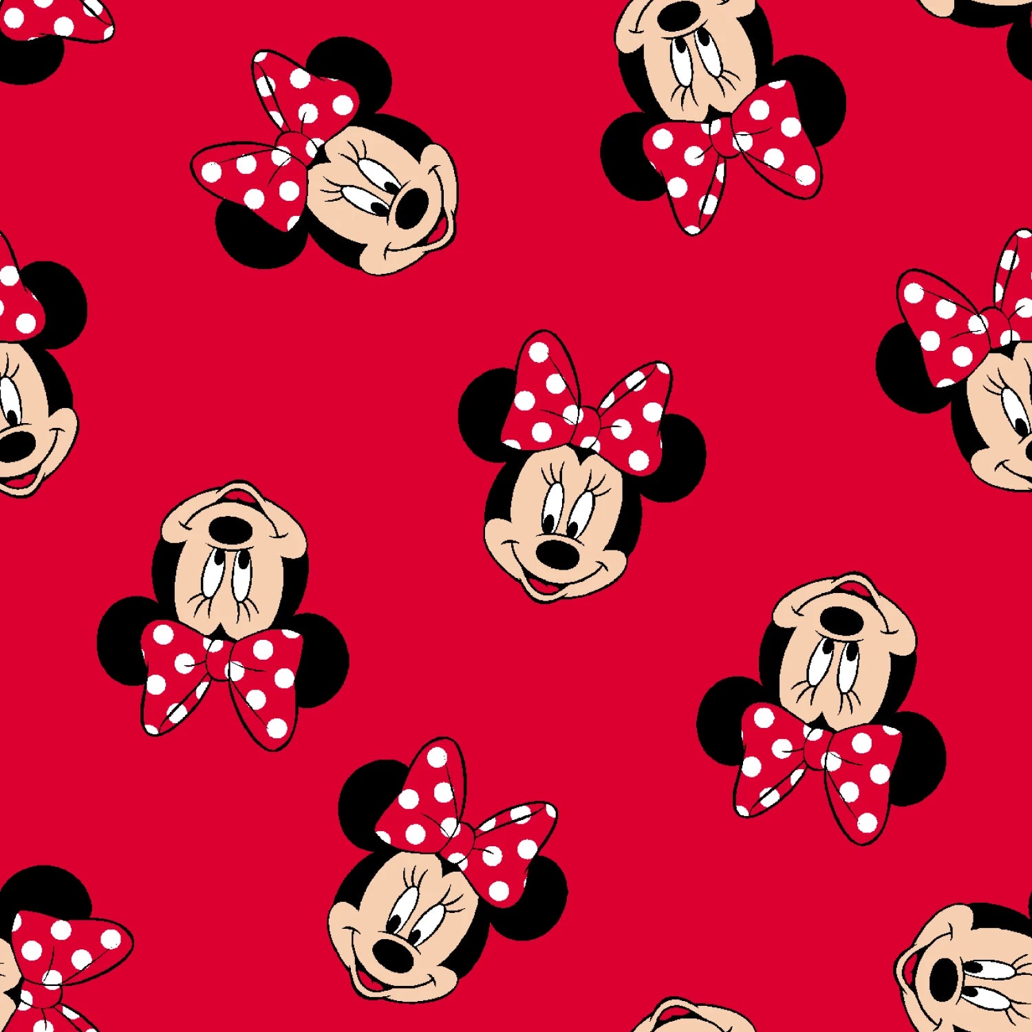 Pattern of cartoon characters with polka dot bows on a red background