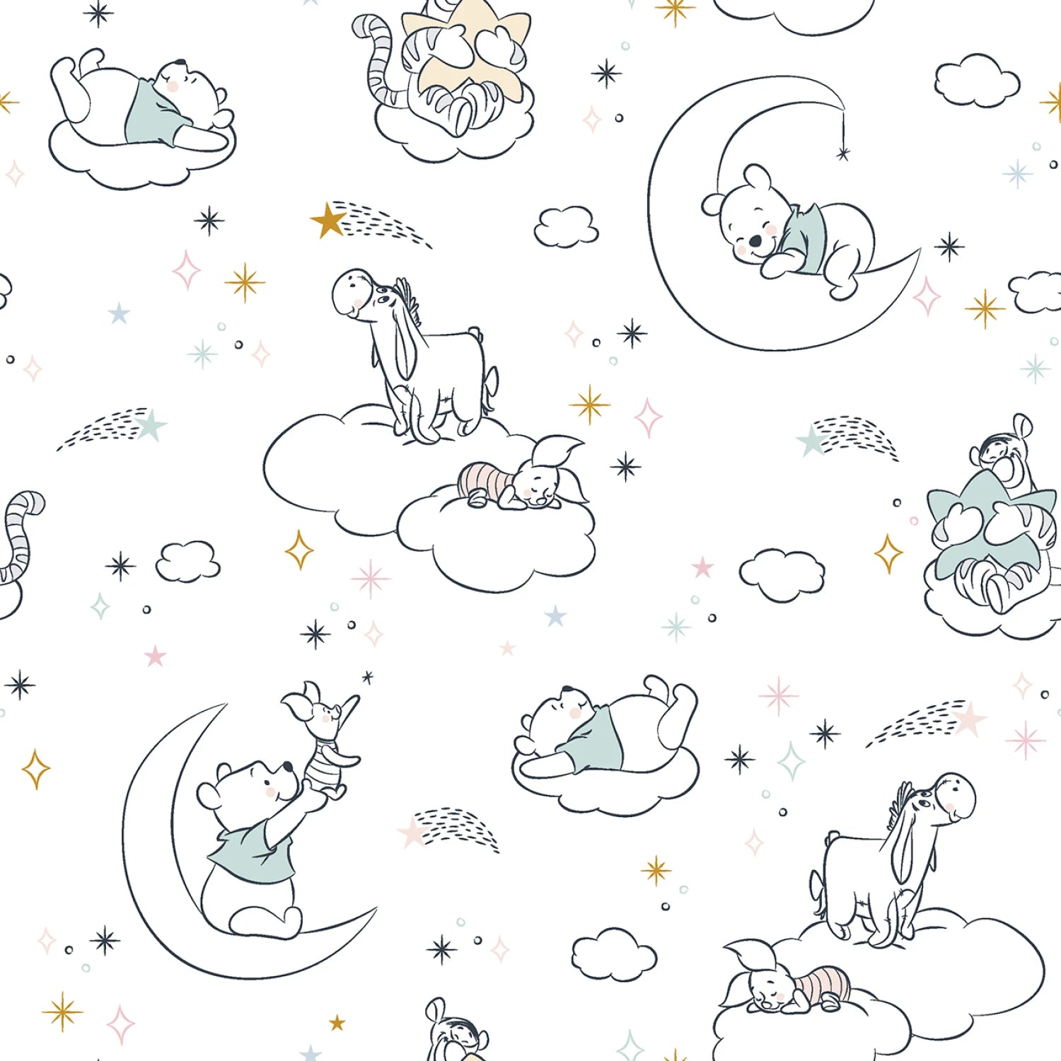 Cartoon characters on clouds and moons with stars and sparkles.