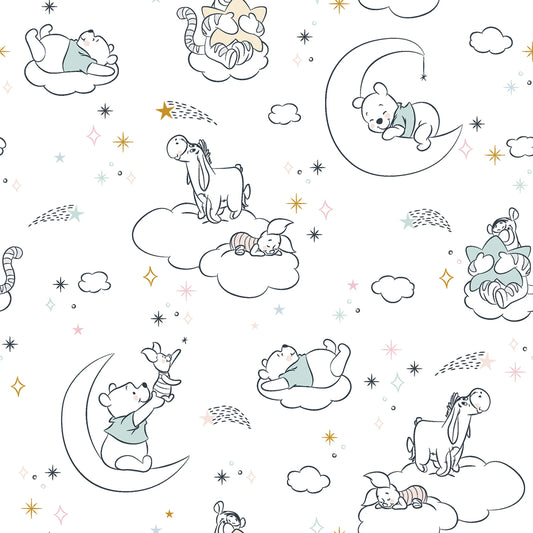 Cartoon characters on clouds and moons with stars and sparkles.