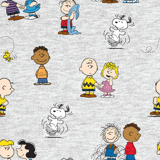 Pattern of cartoon characters on a gray background