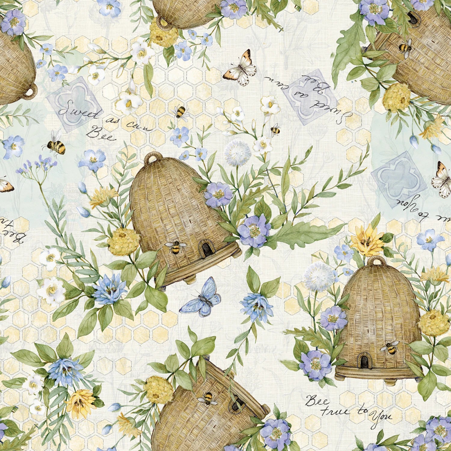 Pattern of bee hives, flowers, and leaves on a light background