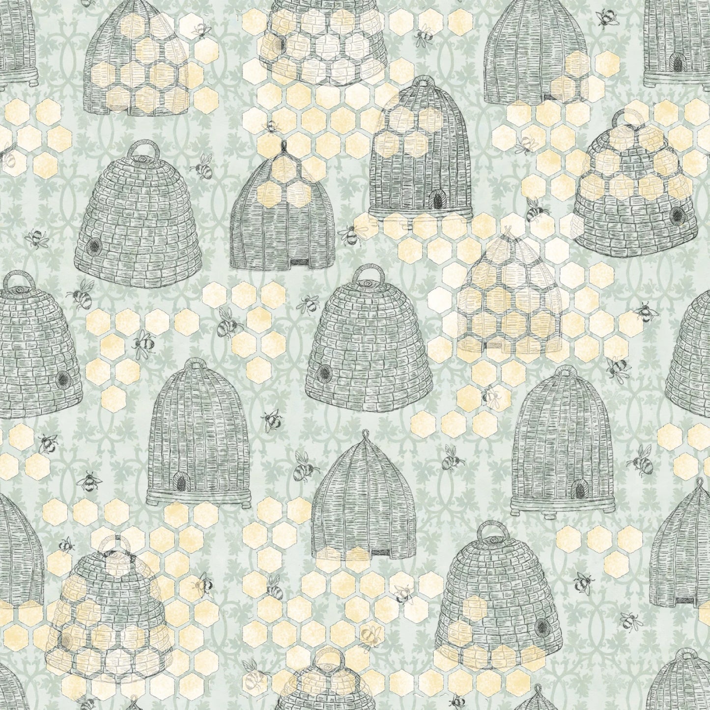 Pattern of bee hives and bees on a light blue background