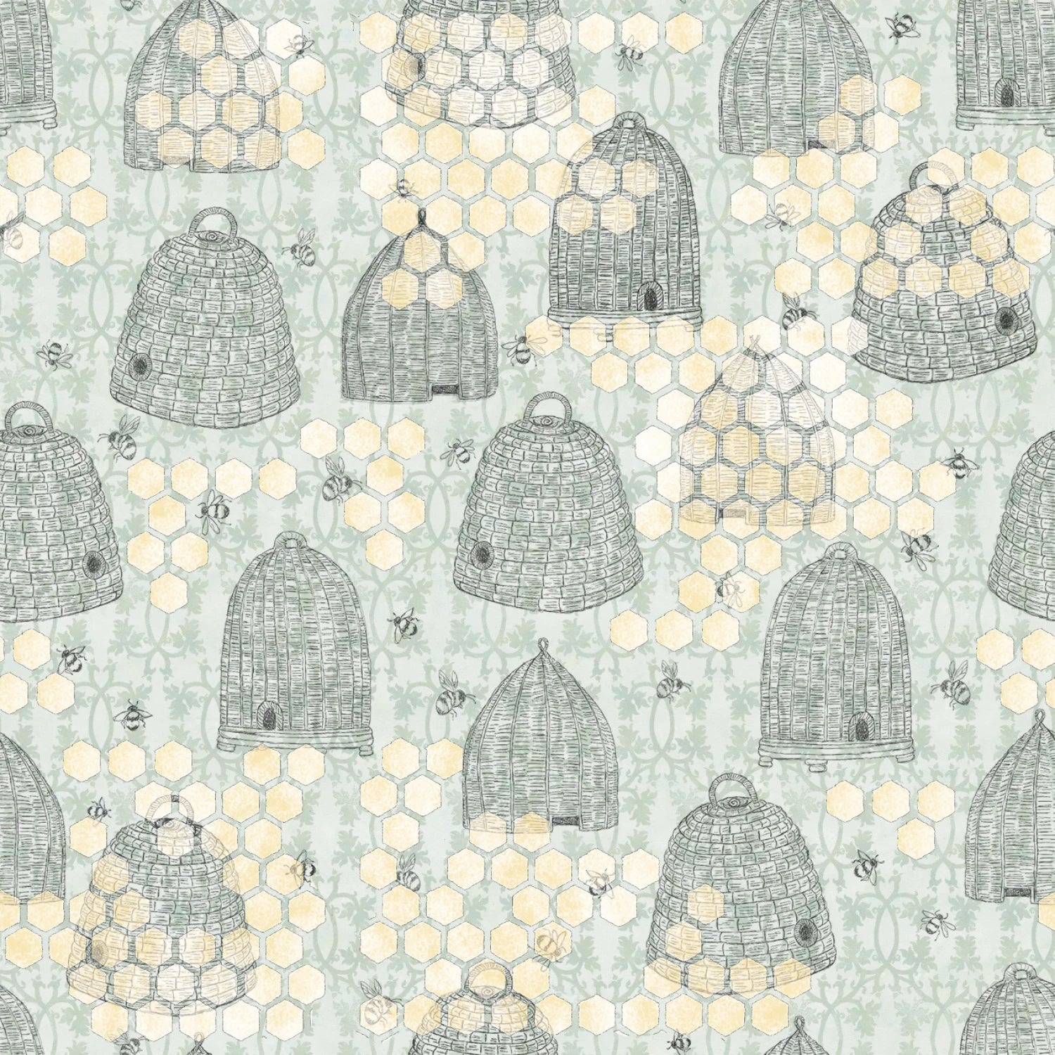 Pattern of bee hives and bees on a light blue background