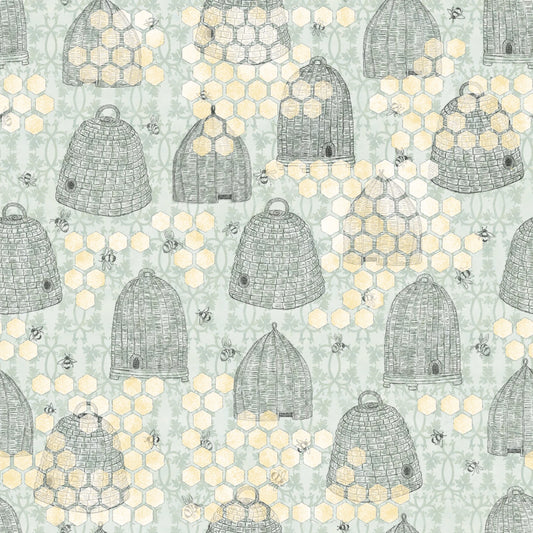 Pattern of bee hives and bees on a light blue background