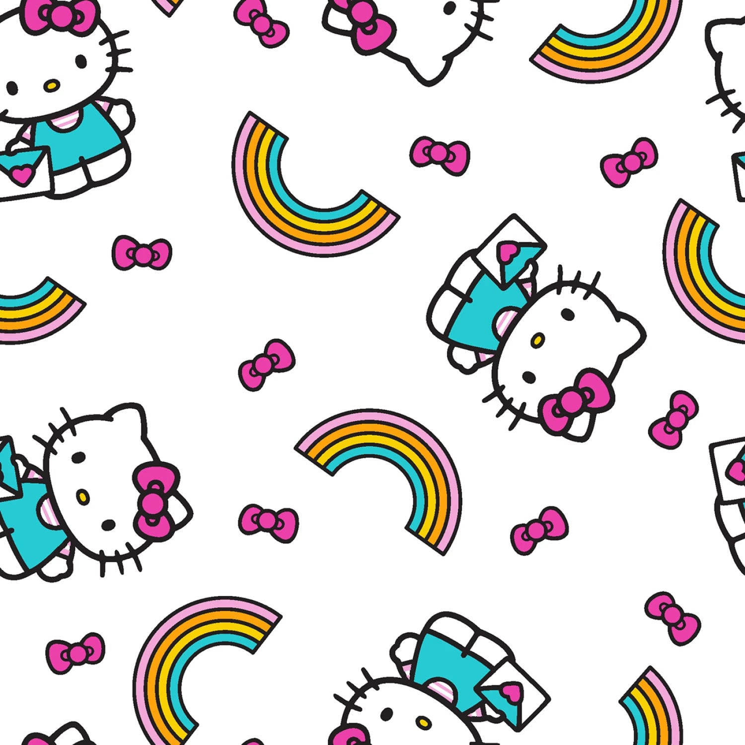Pattern of Hello Kitty characters, bows, and rainbows on a white background