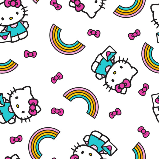Pattern of Hello Kitty characters, bows, and rainbows on a white background