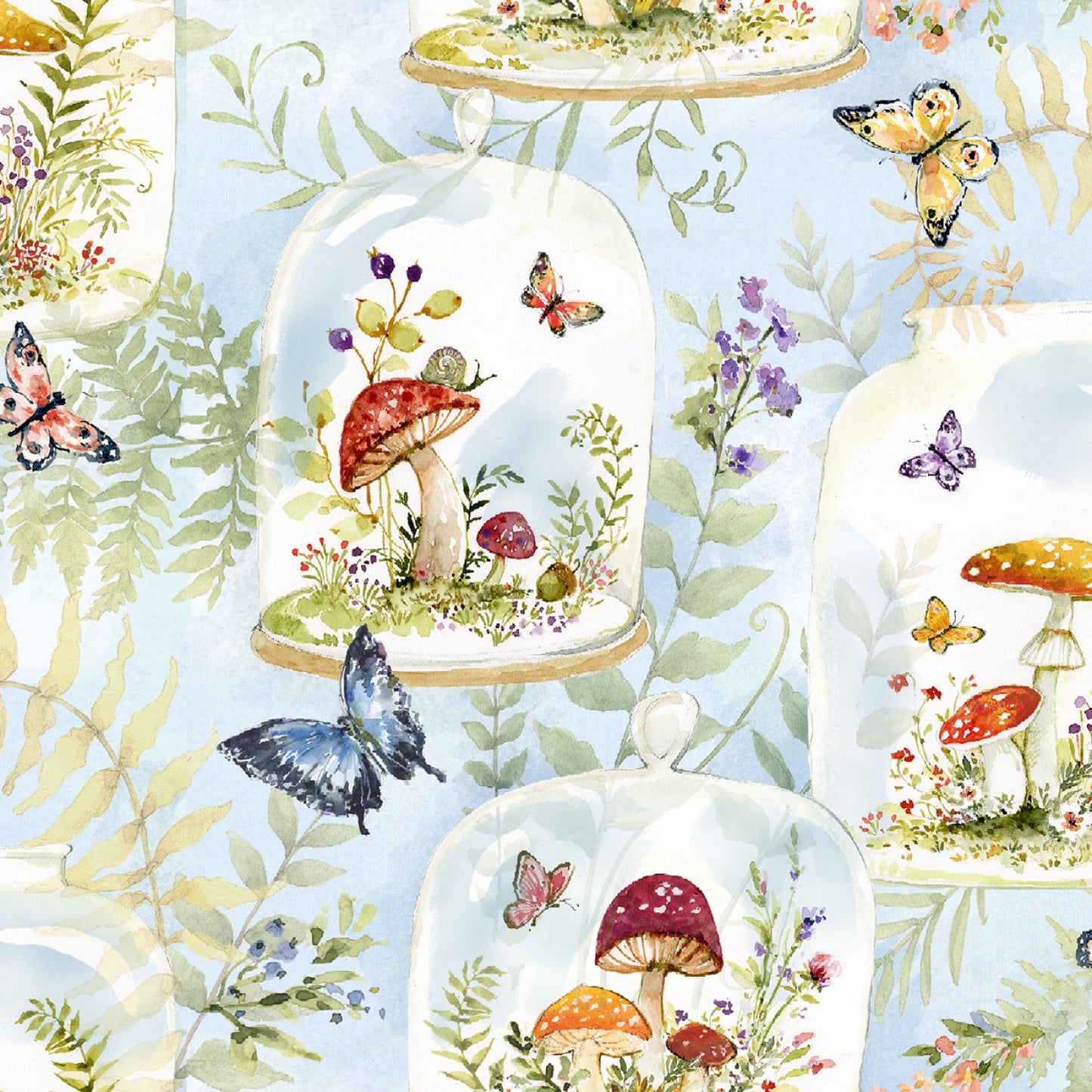 Pattern of mushrooms, butterflies, and flowers under glass domes on a light blue background.
