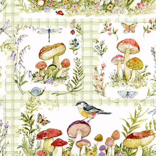Nature-themed fabric with mushrooms, flowers, and birds on a checkered background