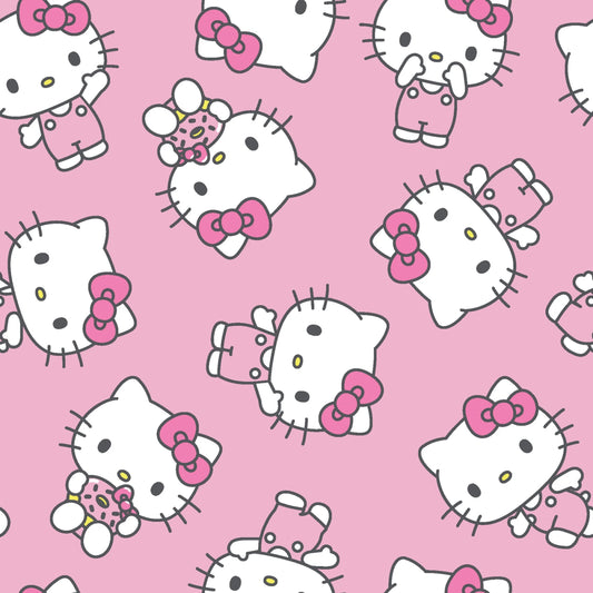 Pattern of Hello Kitty characters on a pink background