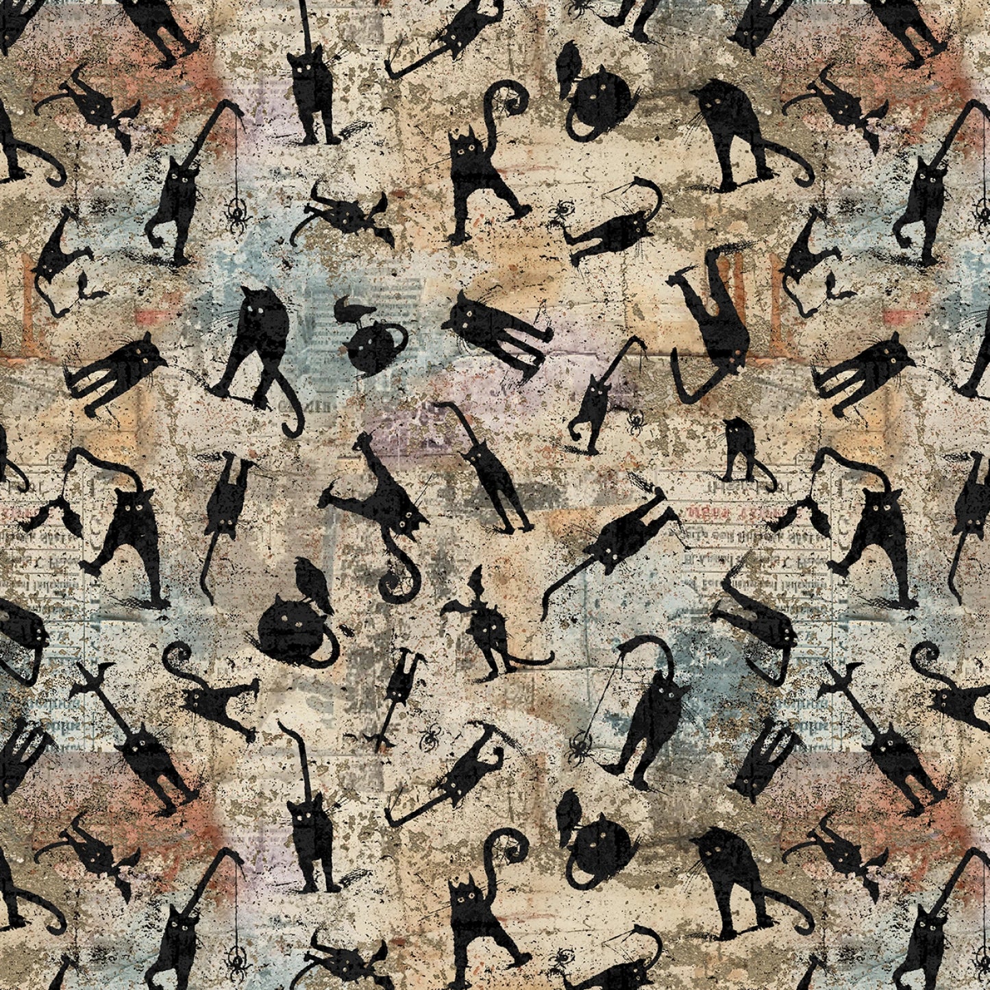 Pattern of black cats in various poses on a textured background