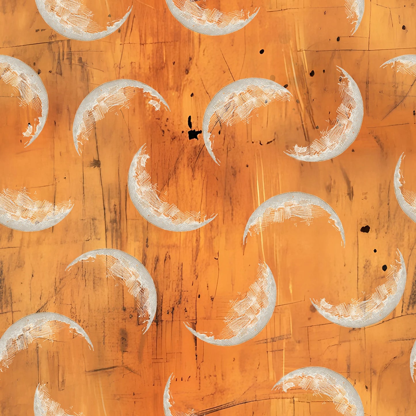 Pattern of crescent moons on a textured orange background