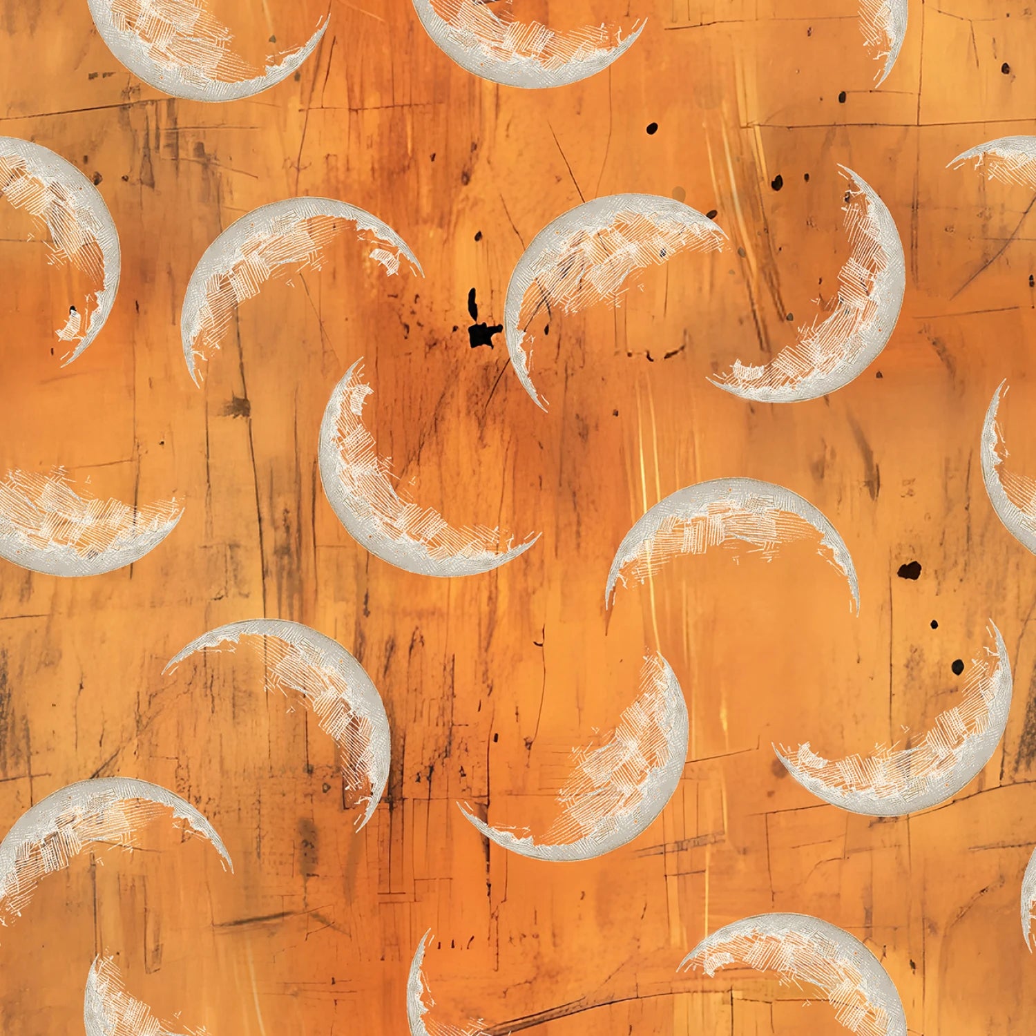 Pattern of crescent moons on a textured orange background