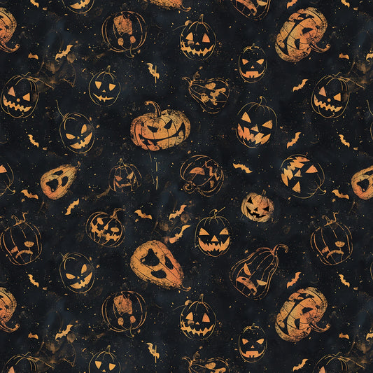Halloween-themed pattern with pumpkins and bats on a dark background
