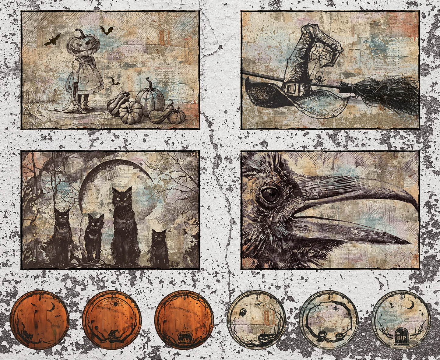 Collage of vintage-style illustrations with pumpkins, cats, and other elements on a textured background.