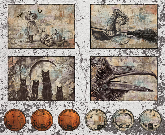 Collage of vintage-style illustrations with pumpkins, cats, and other elements on a textured background.