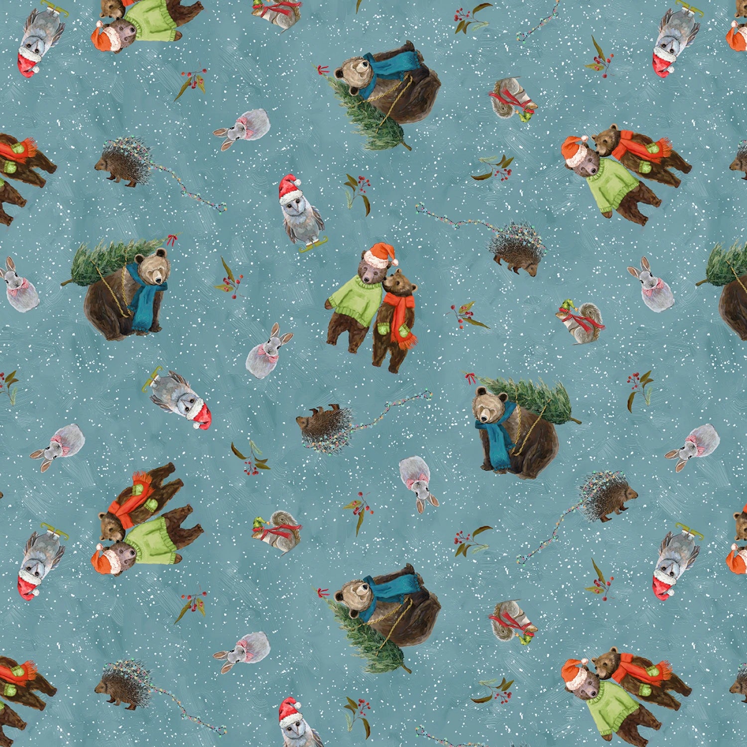 Pattern of cartoon animals in winter clothing on a blue background