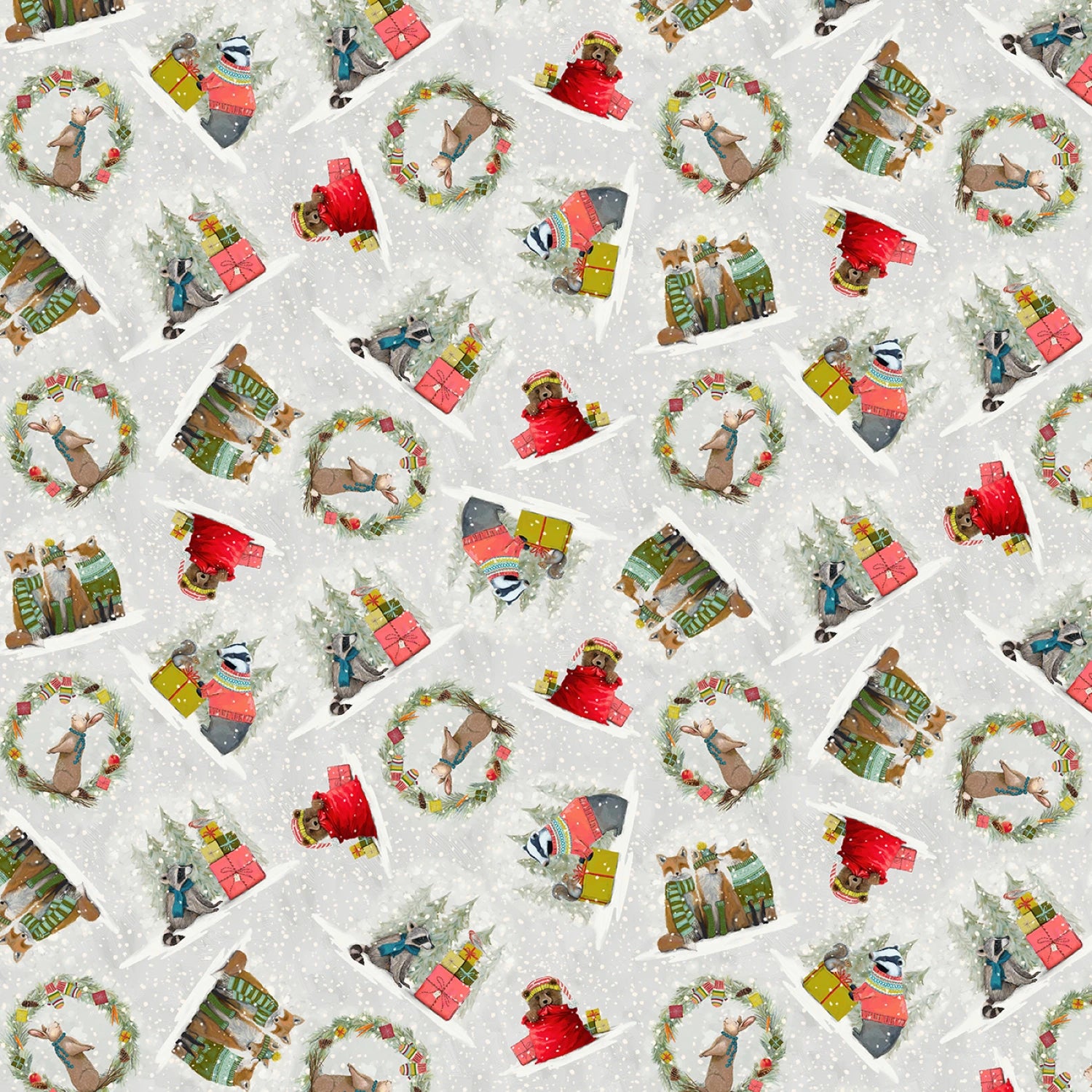 Charming animals in winter wear in a number of Christmas themed activities on a soft gray background