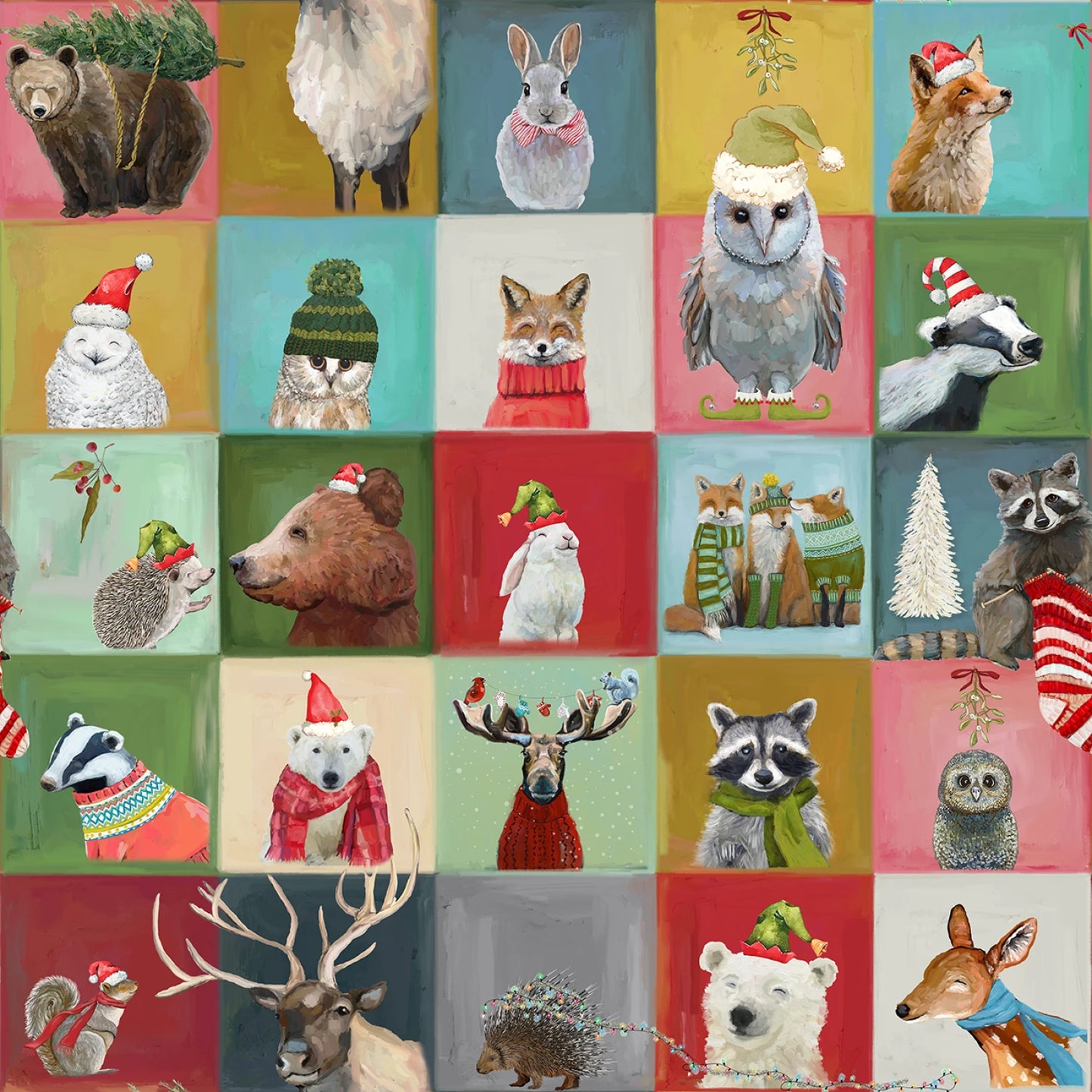 Animals dressed for Christmas in colorful squares