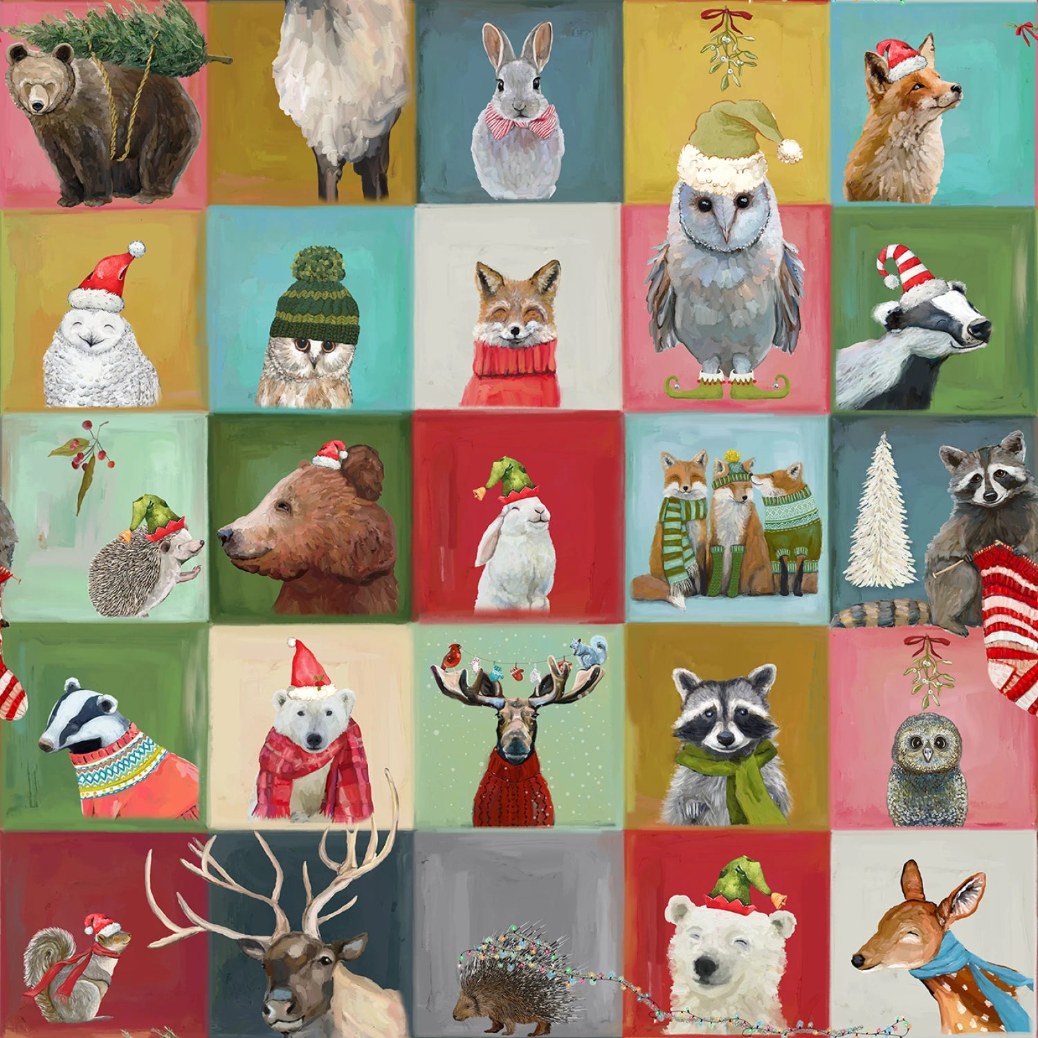 Animals dressed for Christmas in colorful squares