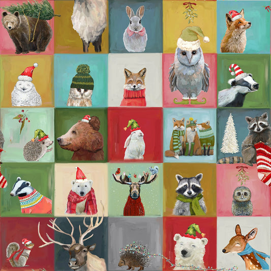 Animals dressed for Christmas in colorful squares