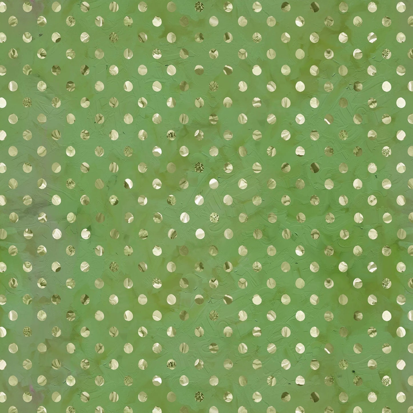 A close-up of a sage green fabric or wallpaper pattern featuring a repeating grid of metallic gold foil dots.