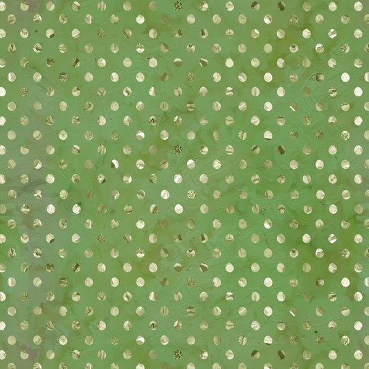 A close-up of a sage green fabric or wallpaper pattern featuring a repeating grid of metallic gold foil dots.