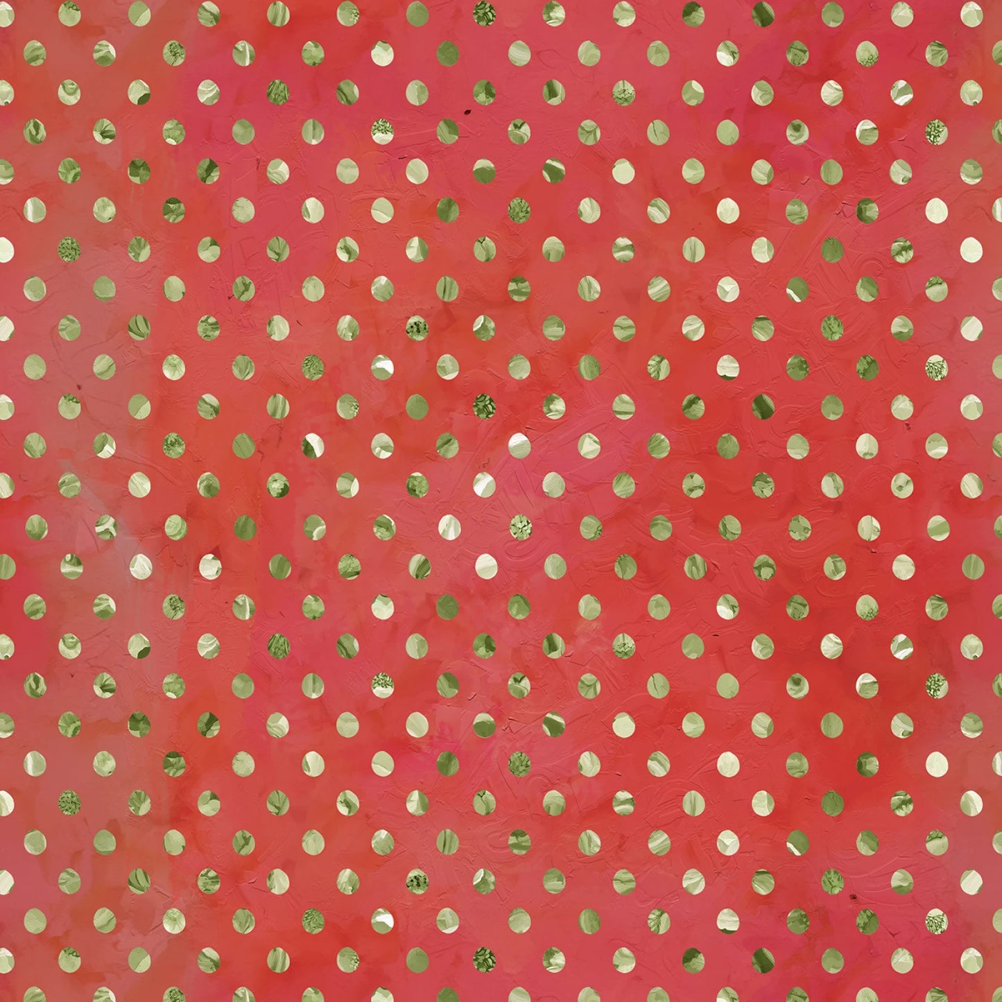 A close-up of a coral pink fabric or material covered in a repeating pattern of metallic gold and silver reflective polka dots.