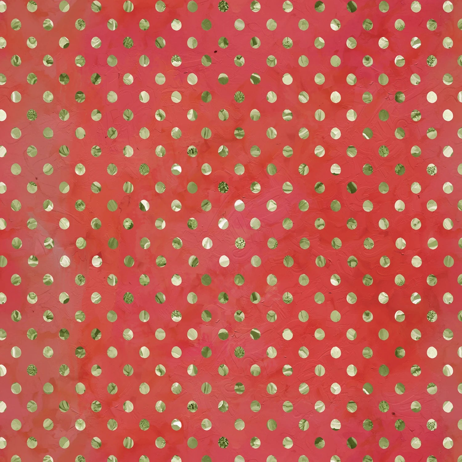 A close-up of a coral pink fabric or material covered in a repeating pattern of metallic gold and silver reflective polka dots.