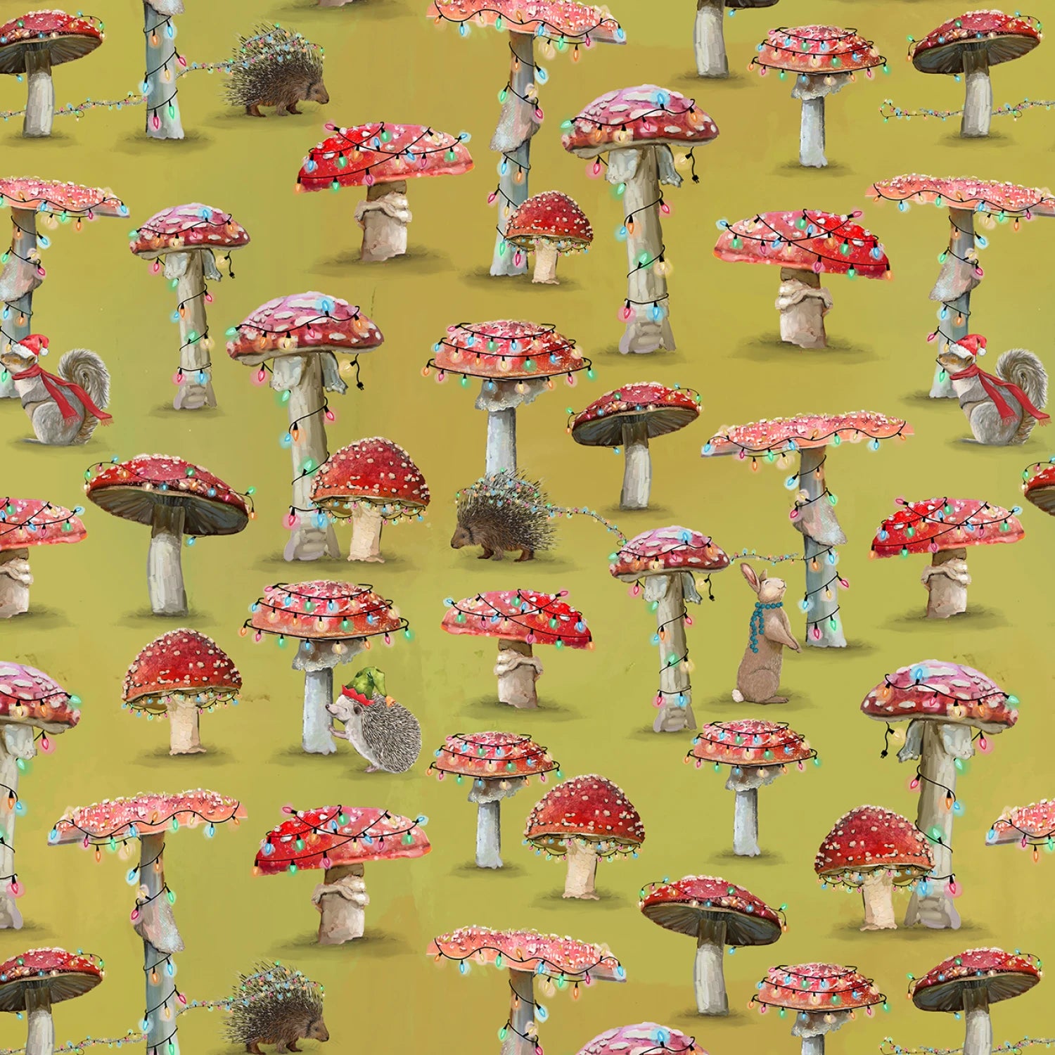 Mushrooms decorated with Christmas lights with woodland animals nearby on a green background