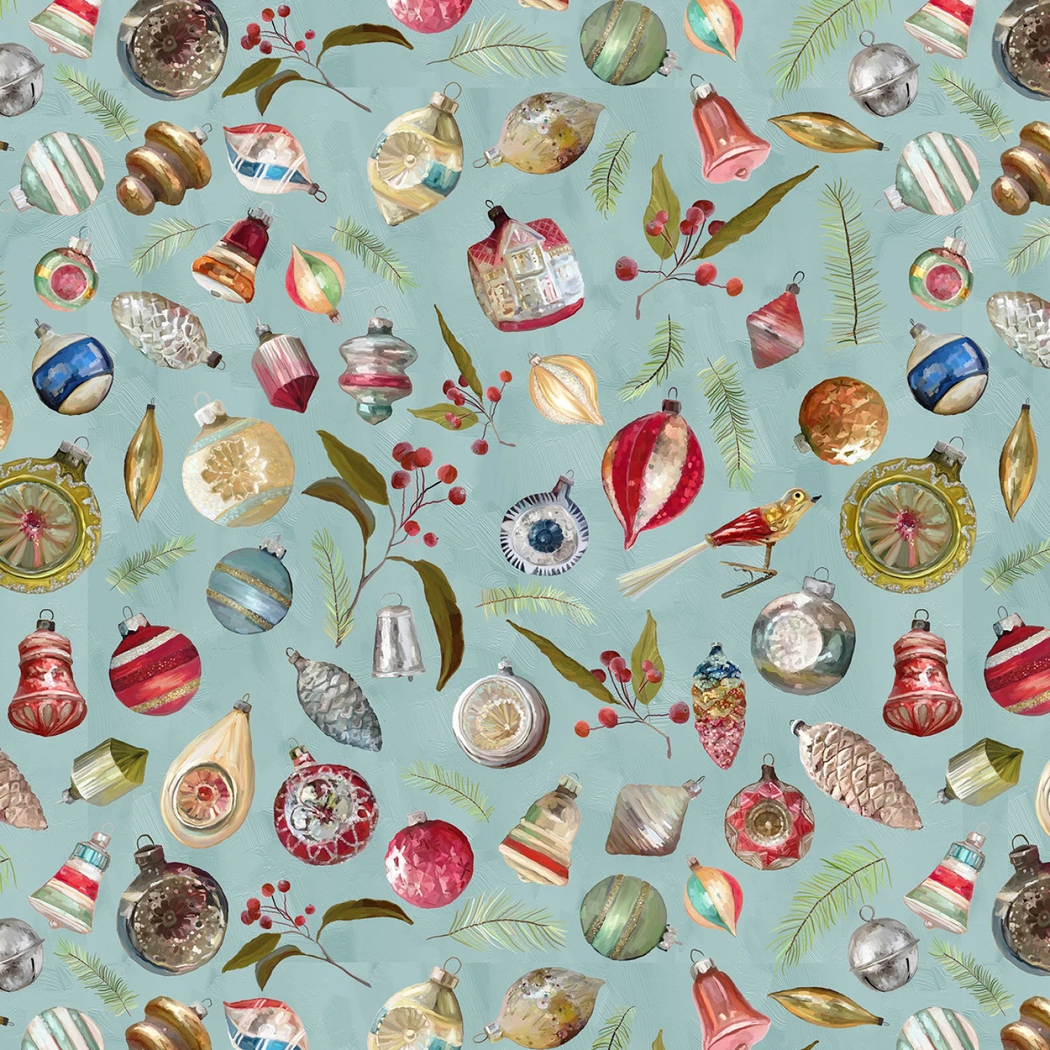 Christmas ornaments scattered around on a blue background
