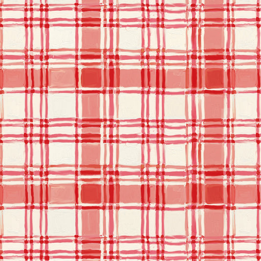 Red and white plaid pattern with watercolor texture, filling the entire frame.