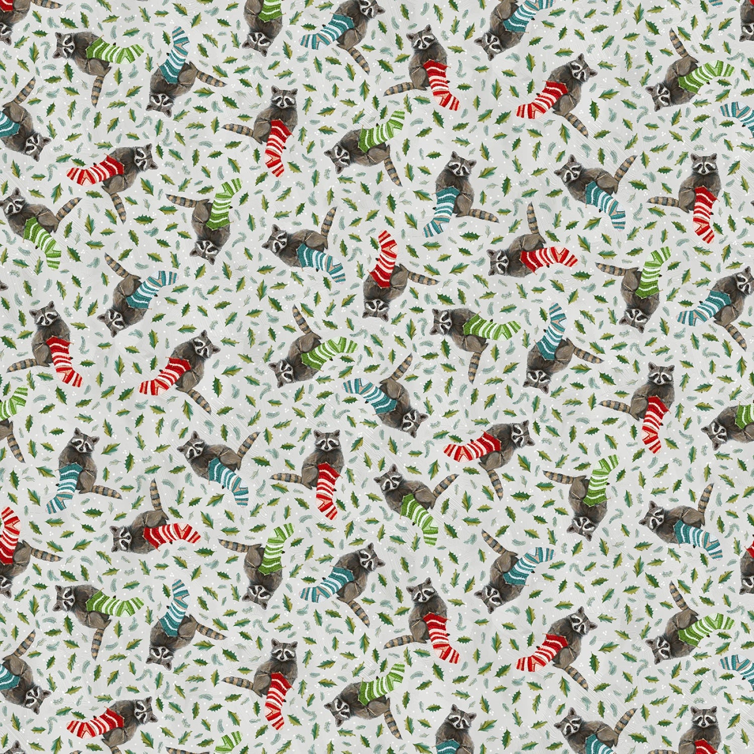 A repeating pattern of small raccoons knitting socks in red, green, blue, and white, set against a light cream background with tiny green leaf motifs.