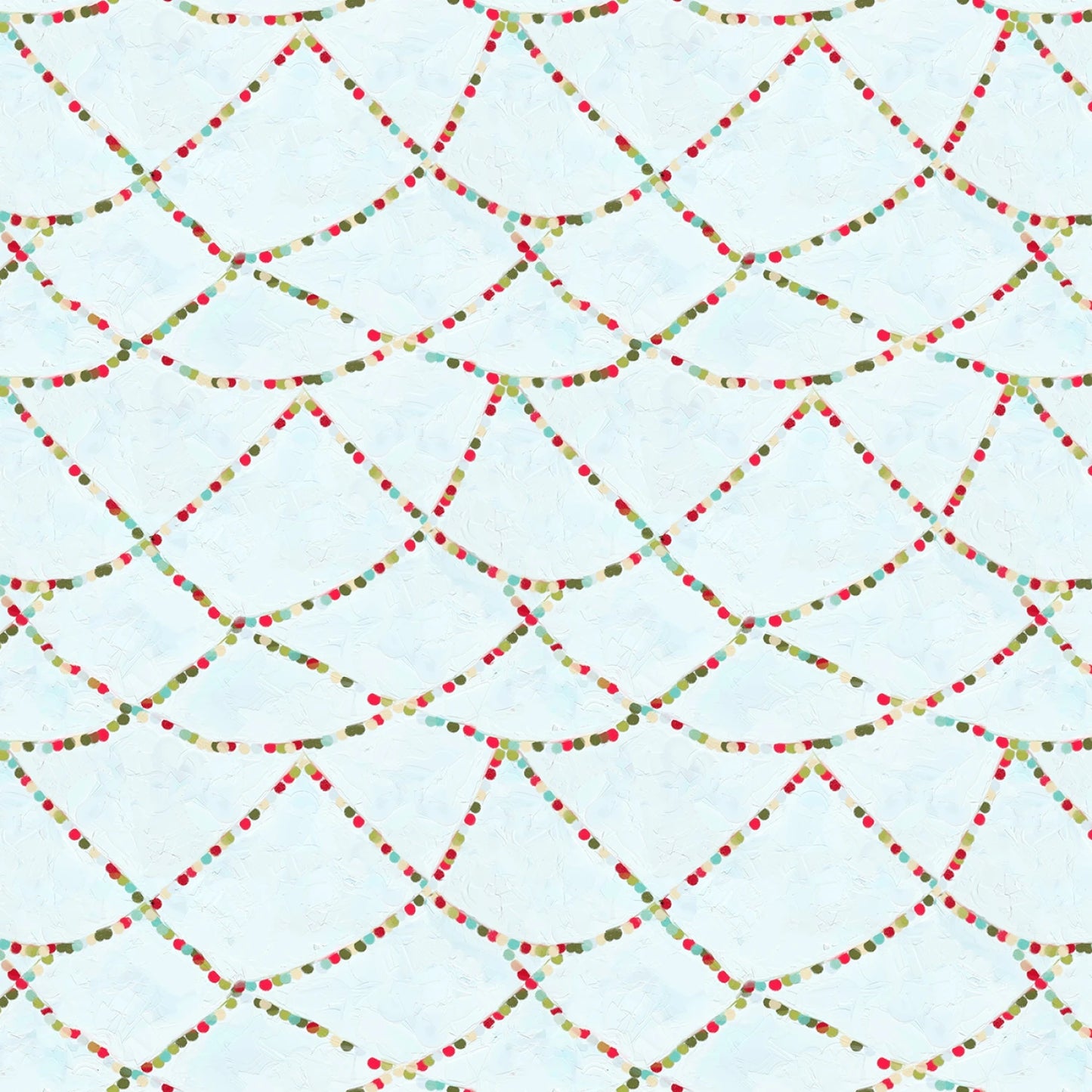 A repeating decorative pattern of curved garland strands made of small red, green, and gold beads on a pale icy blue background.