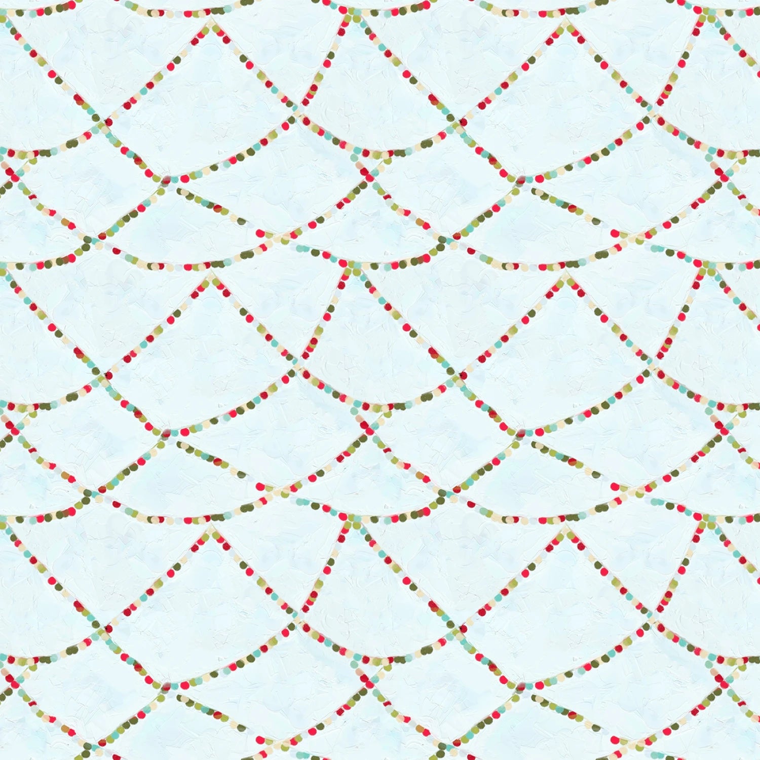 A repeating decorative pattern of curved garland strands made of small red, green, and gold beads on a pale icy blue background.