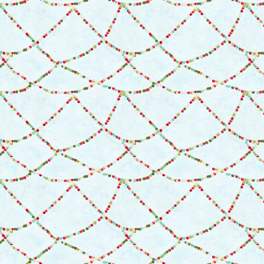 A repeating decorative pattern of curved garland strands made of small red, green, and gold beads on a pale icy blue background.