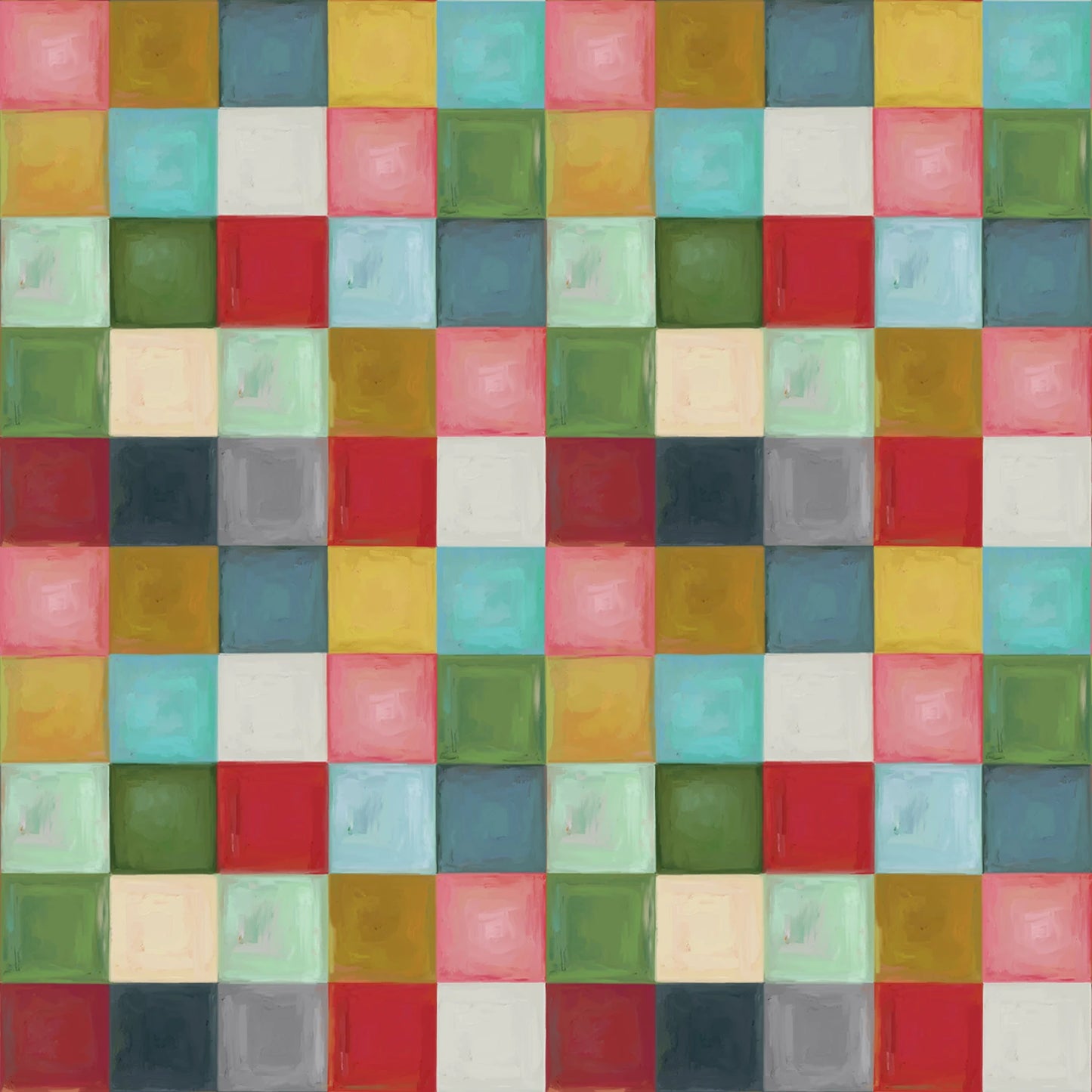 A square abstract artwork made of a grid of painted blocks in many colors, including turquoise, red, green, yellow, pink, cream, gray, and navy, with visible brush texture across the full frame.