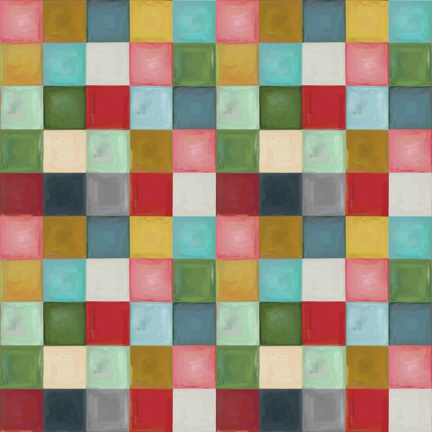 A square abstract artwork made of a grid of painted blocks in many colors, including turquoise, red, green, yellow, pink, cream, gray, and navy, with visible brush texture across the full frame.